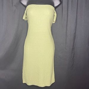 Rigged, strapless, Olive color dress.